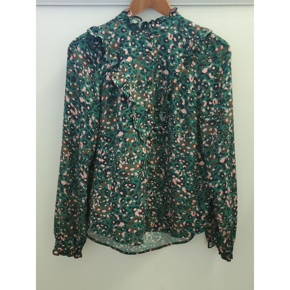 Anthropologie Maeve Ruffle Leopard Print Button Up Top Size 2 Green Multi